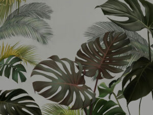 Monstera e palma tropicale massimalista su un сarta da parati di sfondo grigio