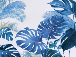 Carta da parati tropicale con monstera blu e palma
