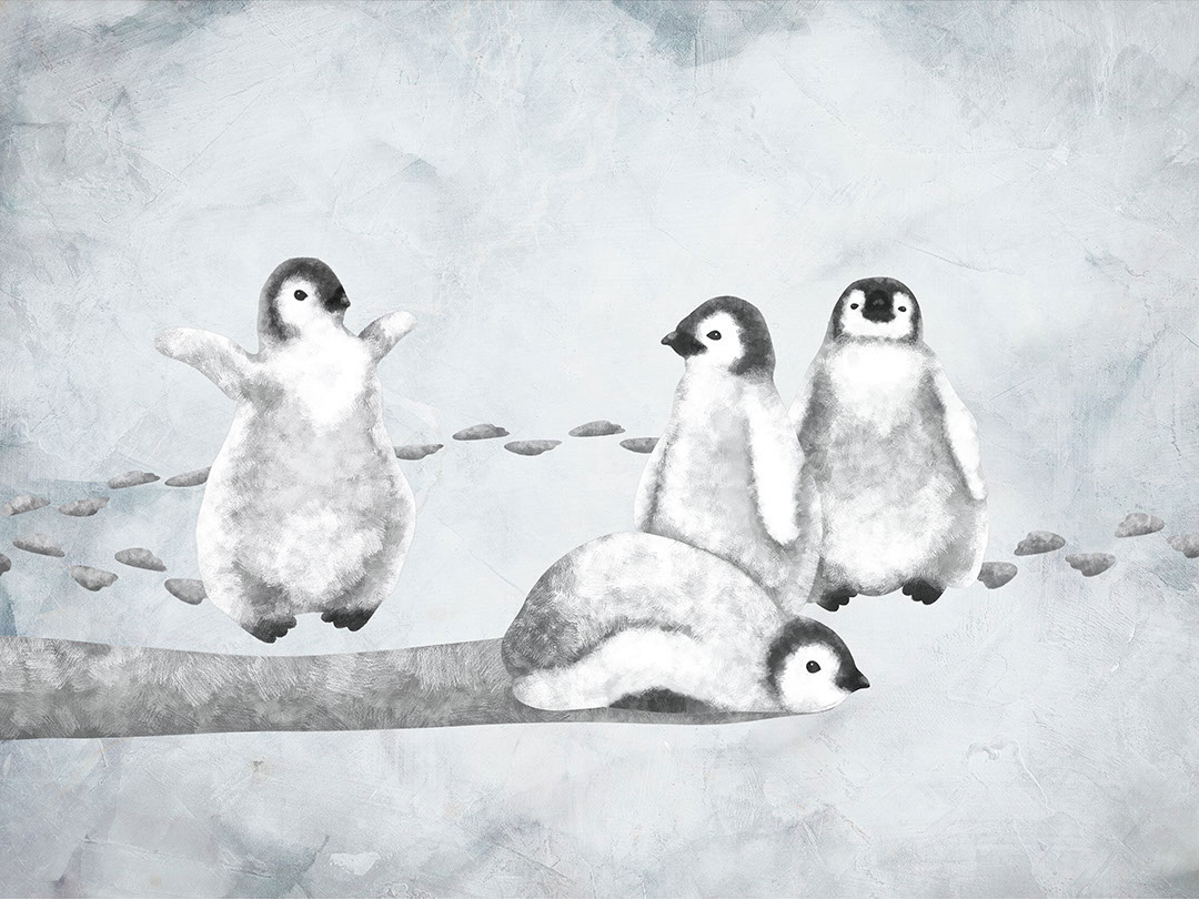 Pinguini in bianco e nero ad acquerello sullo sfondo strutturato carta da parati per bambini