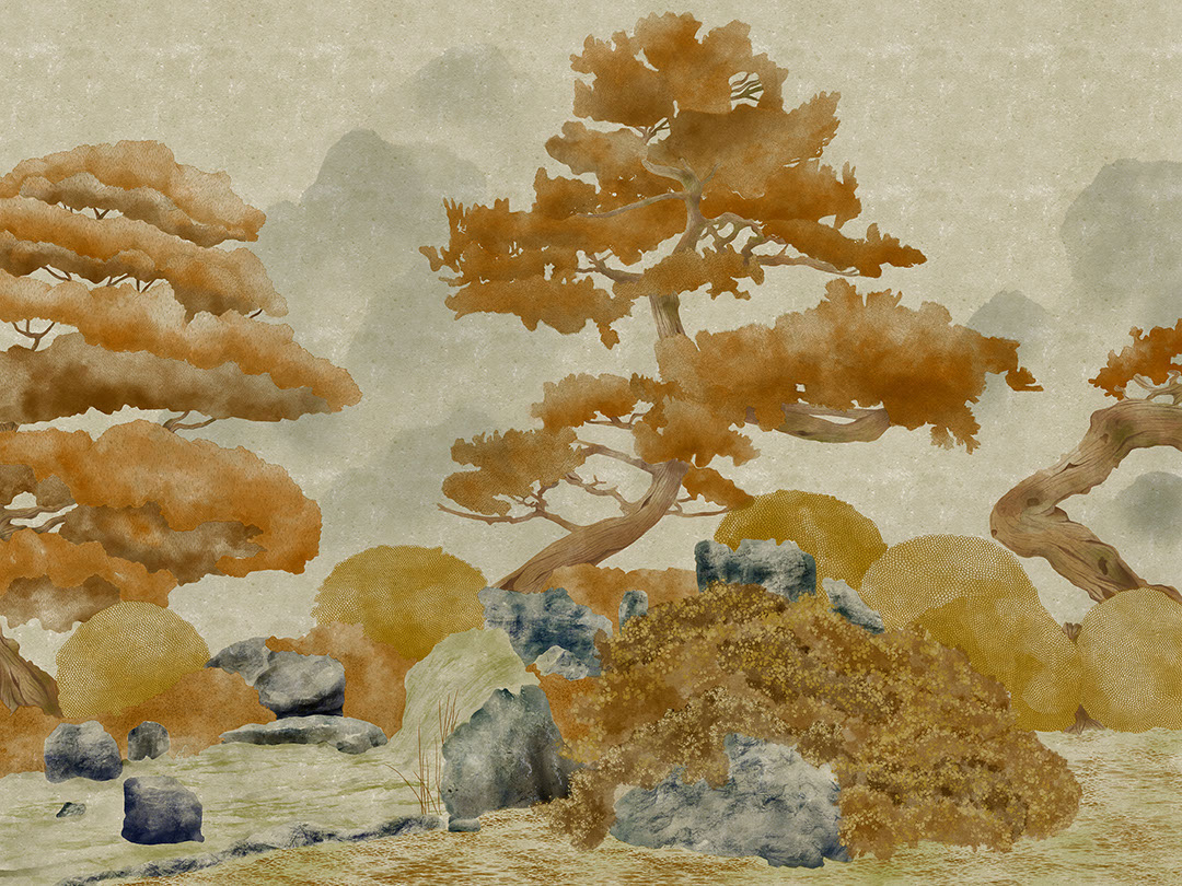 Carta da parati di alberi e rocce dorate disegnato a mano