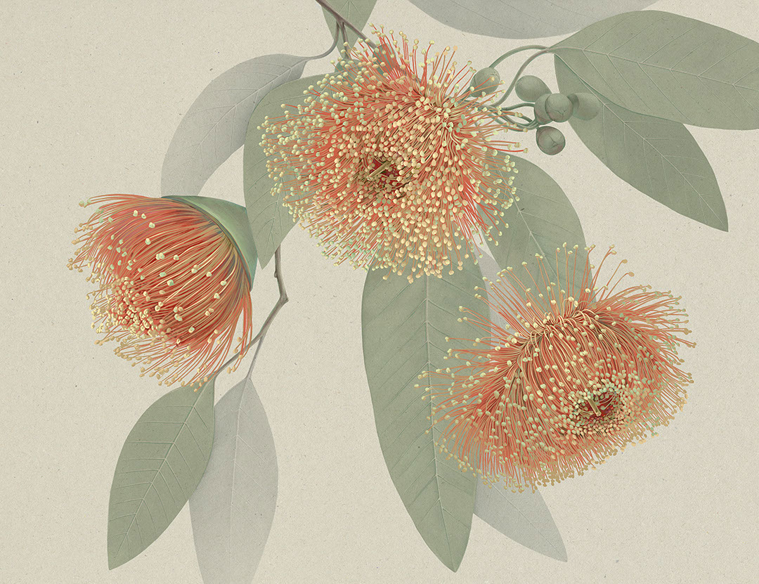 Carta da parati con fiori arancioni massimalistici e foglie delicate