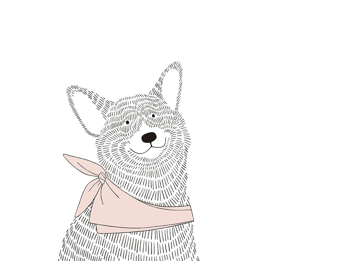 Carta da parati minimalista in stile grafico con un cane Corgi in scialle rosa