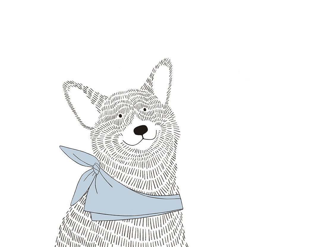 Carta da parati minimalista in stile grafico con un cane Corgi in scialle blu