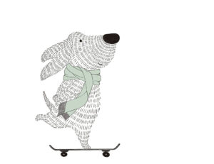 Carta da parati minimalista in stile grafico con un cane su uno skateboard con sciarpa verde