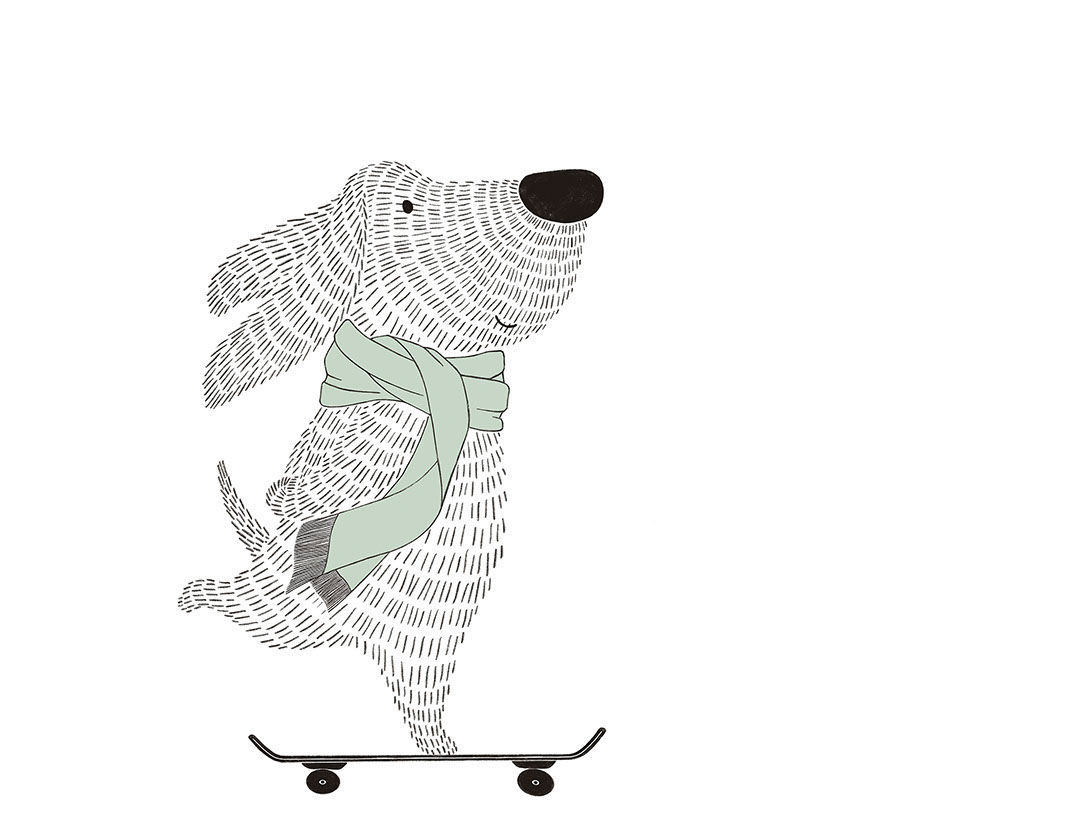 Carta da parati minimalista in stile grafico con un cane su uno skateboard con sciarpa verde