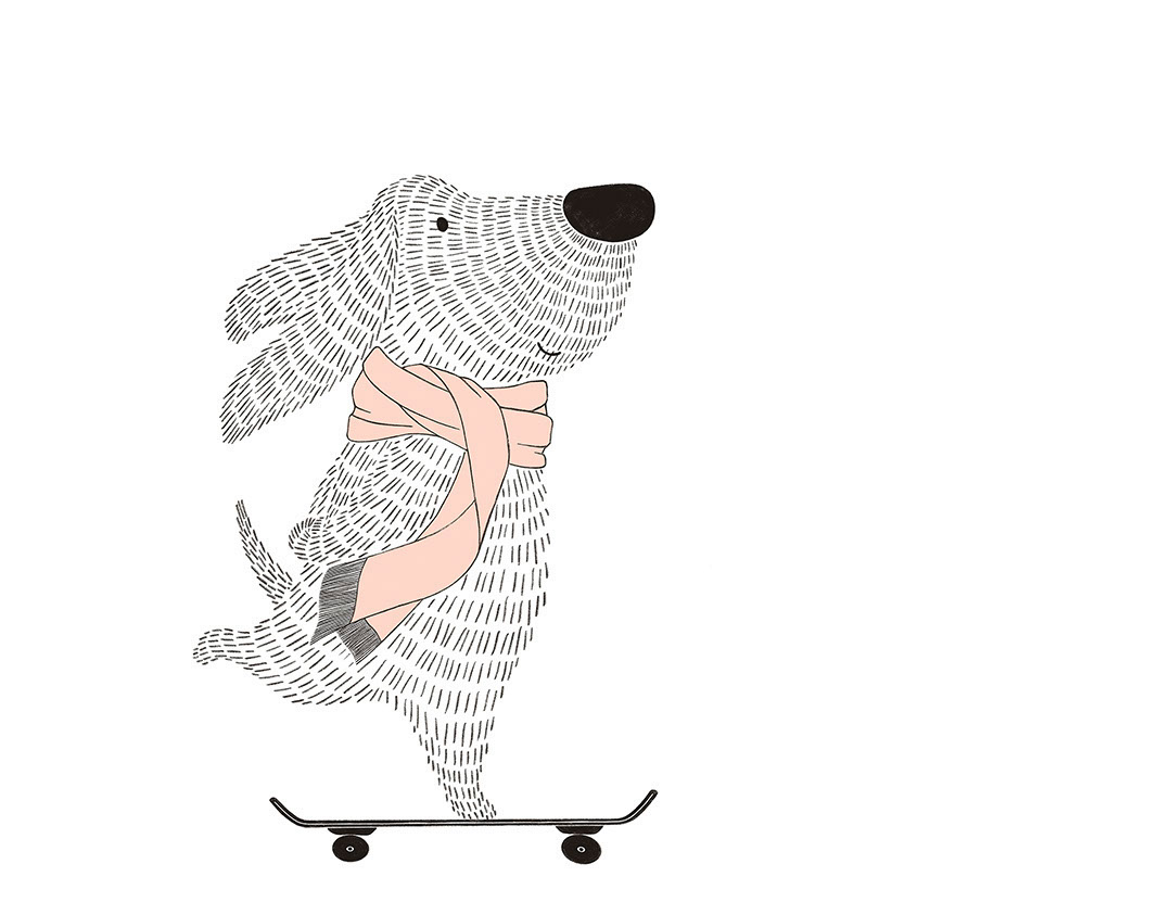Carta da parati minimalista in stile grafico con un cane su uno skateboard con sciarpa rosa