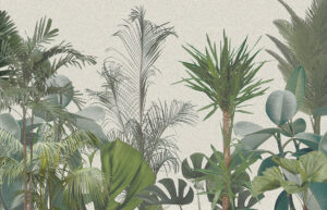 Carta da parati con foglie e alberi tropicali in tonalità di verde