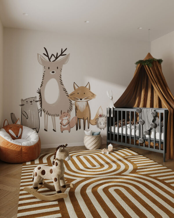 Carta da parati minimalista di animali in colori neutri e beige murale per una stanza per bambini