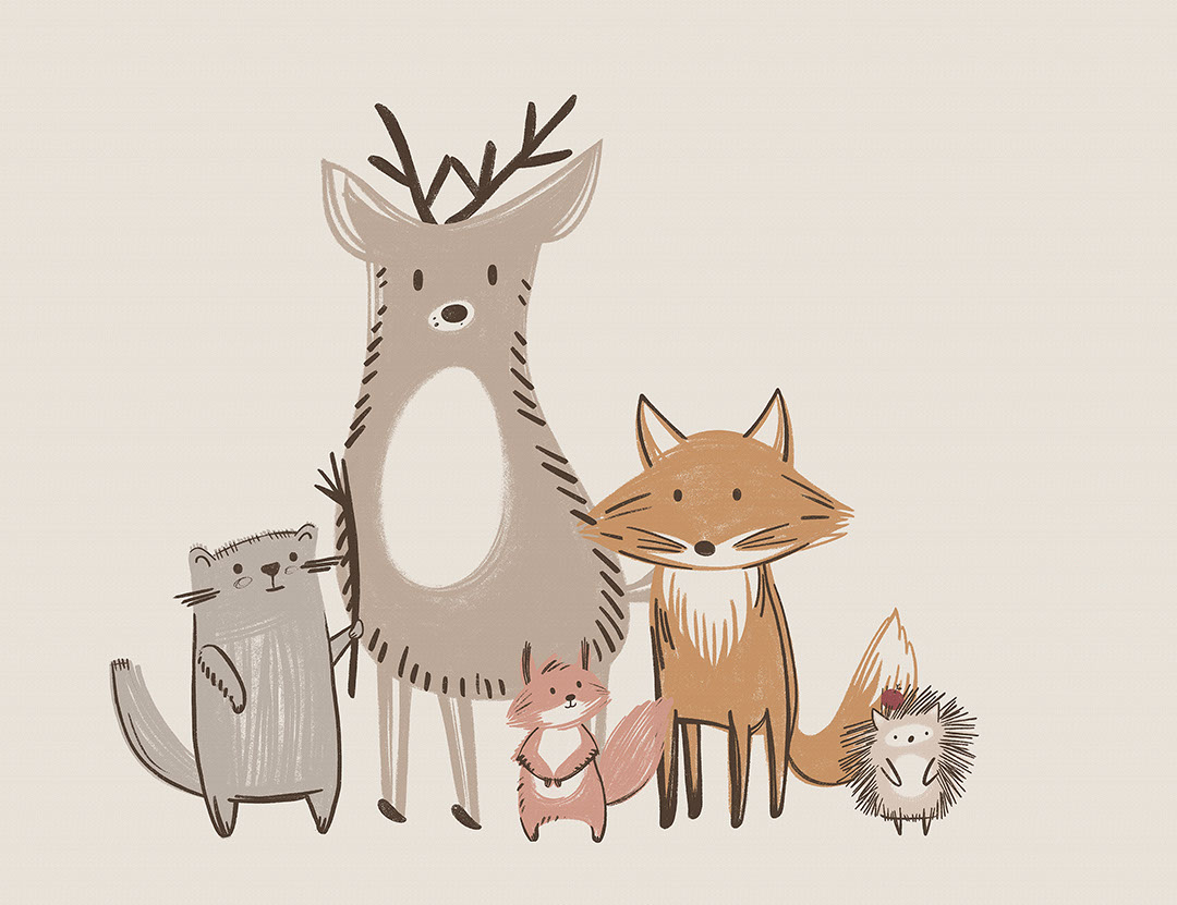 Carta da parati minimalista di animali in colori neutri su sfondo beige murale per bambini