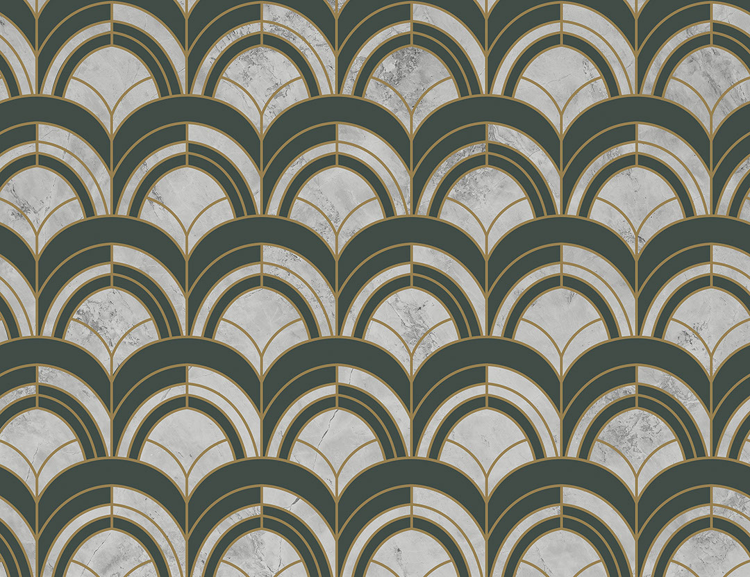 Carta da parati con stampa geometrica Art Deco verde scuro