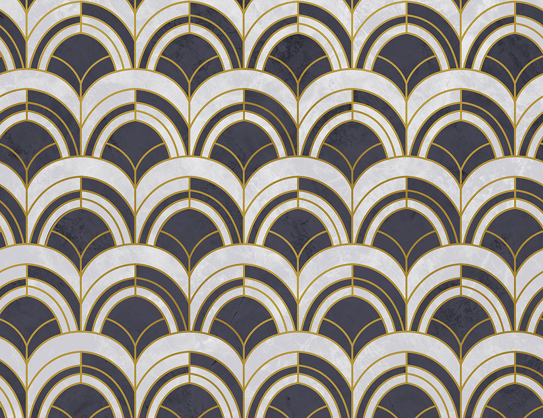 Carta da parati con stampa geometrica Art Deco blu scuro e grigio