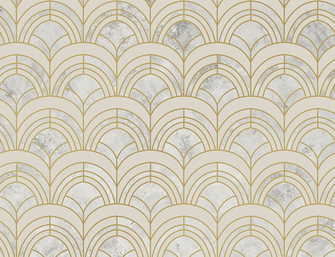 Carta da parati con stampa geometrica Art Deco oro e grigio