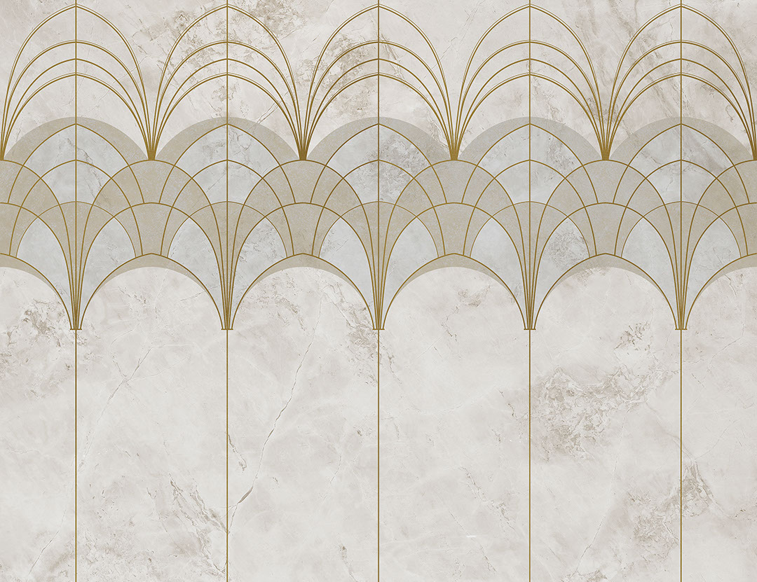 Carta da parati con archi Art Deco eleganti in oro e grigio