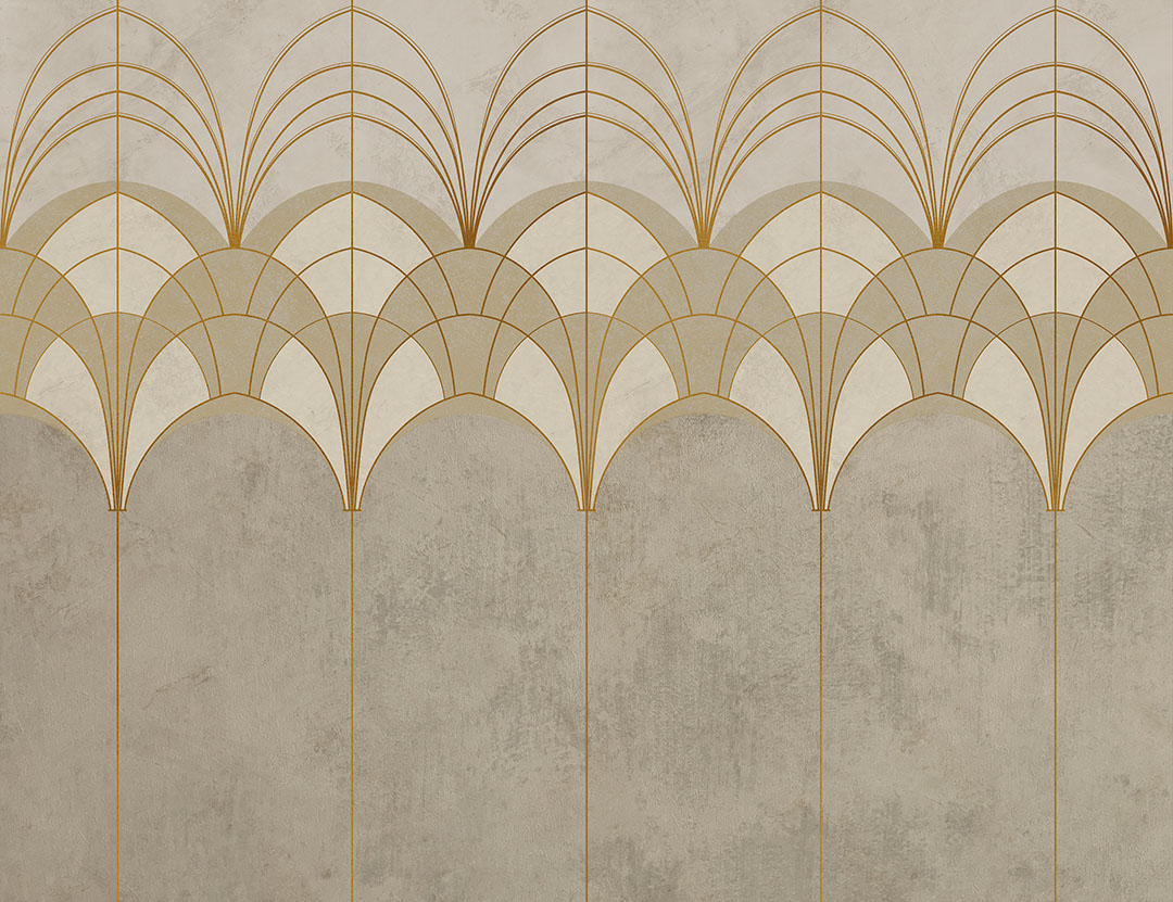 Carta da parati con archi Art Deco eleganti in oro e grigio