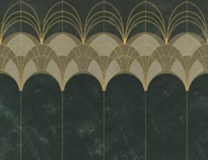 Carta da parati con archi Art Deco eleganti in oro e verde