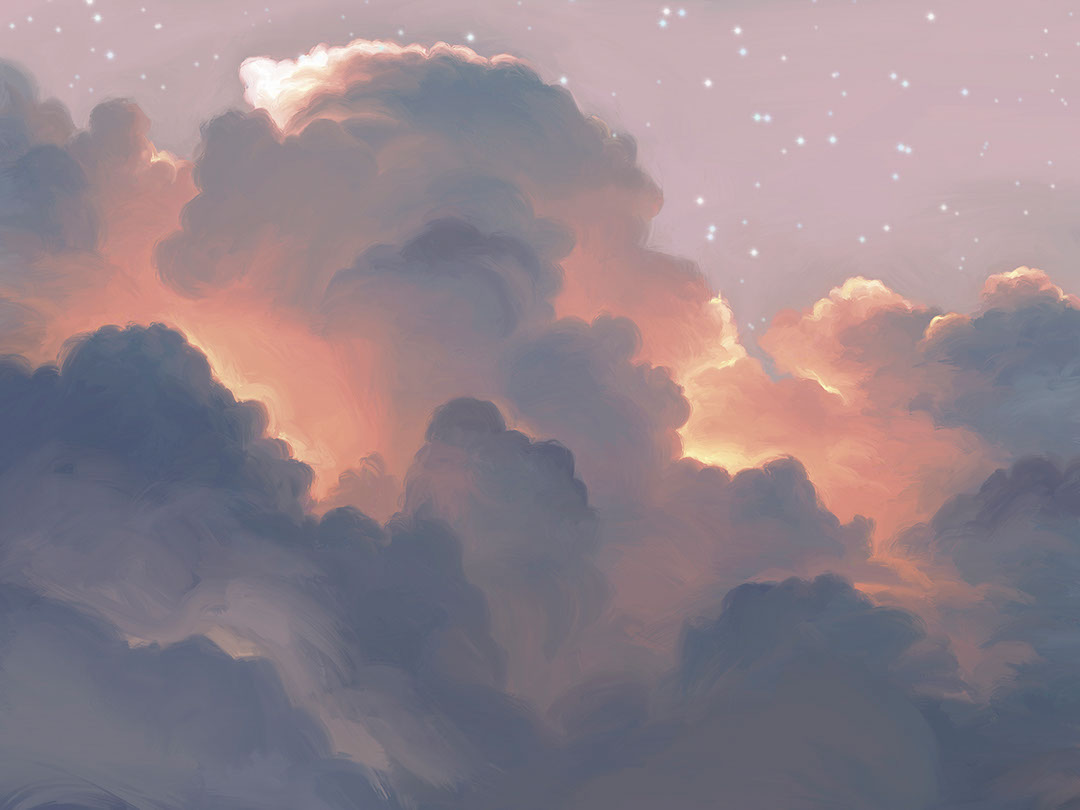 Nuvole soffici nel cielo rosa stellato carta da parati