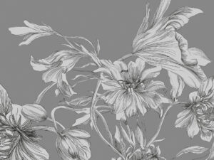 Carta da parati in stile massimalista con fiori delicati su sfondo grigio
