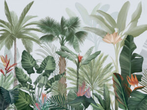 Foglie botaniche tropicali e palme sullo sfondo chiaro carta da parati