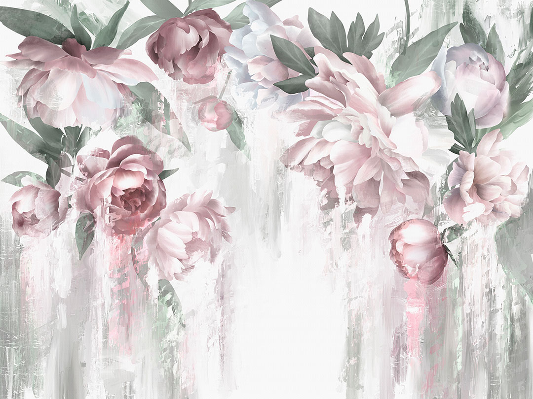 Carta da parati design lussureggianti peonie su uno sfondo chiaro