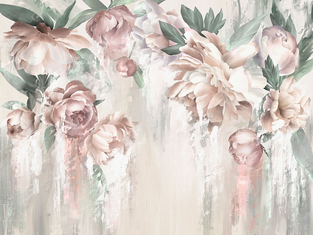 Carta da parati design lussureggianti peonie su sfondo rosa chiaro