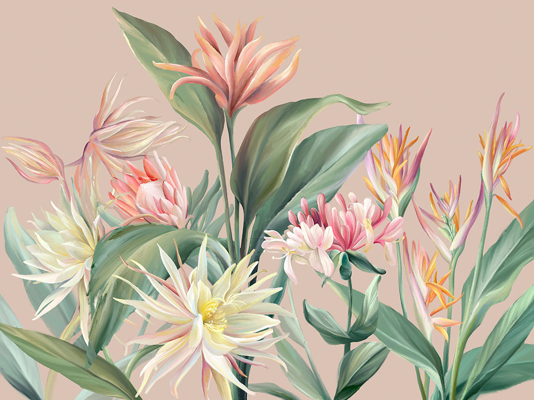 Carta da parati con delicati fiori tropicali su sfondo rosa