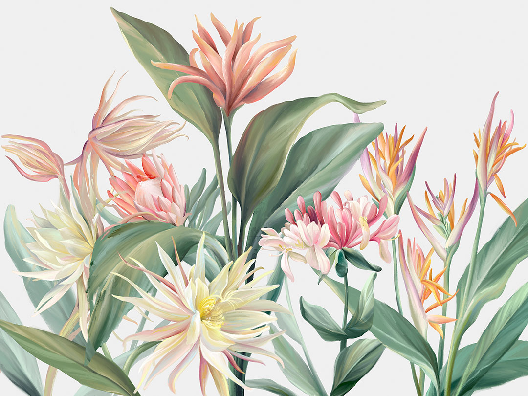 Carta da parati con delicati fiori tropicali su sfondo bianco