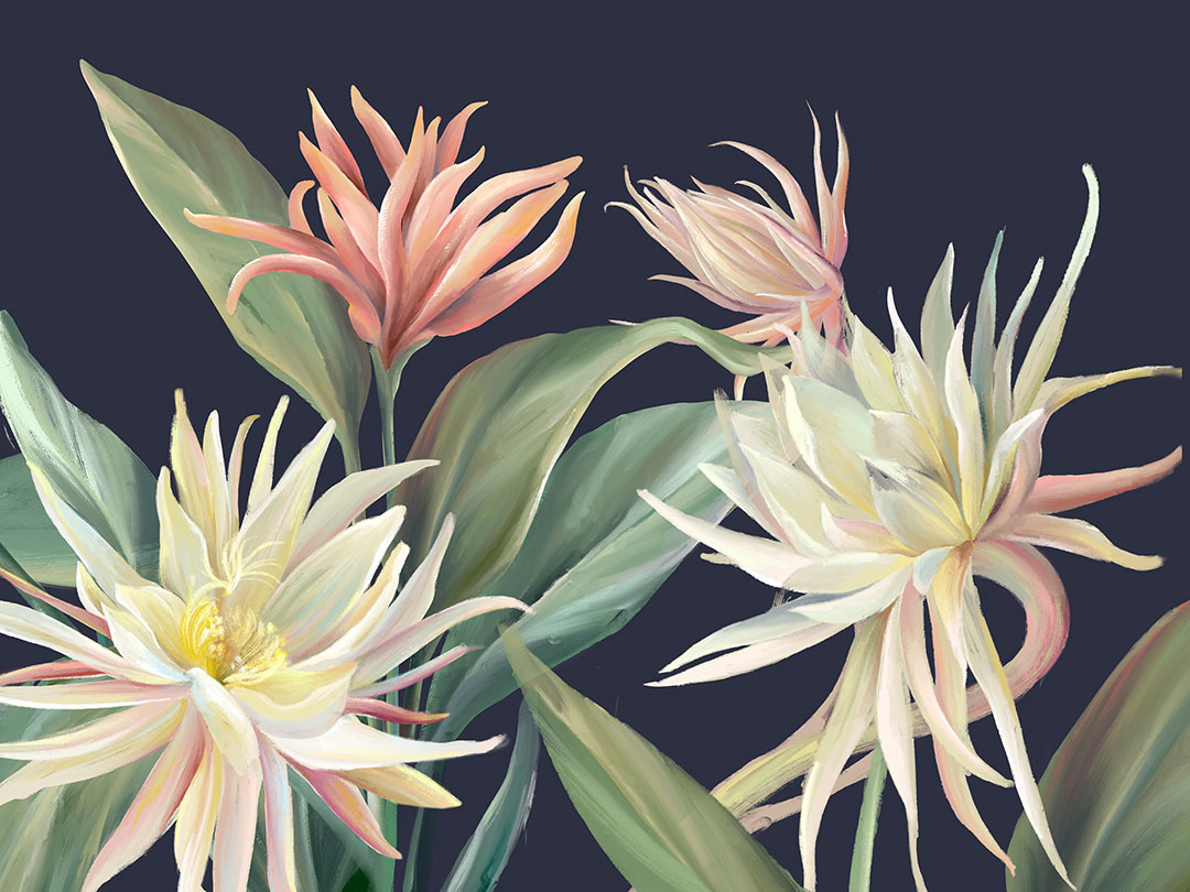 Carta da parati con delicati fiori tropicali e foglie su sfondo scuro