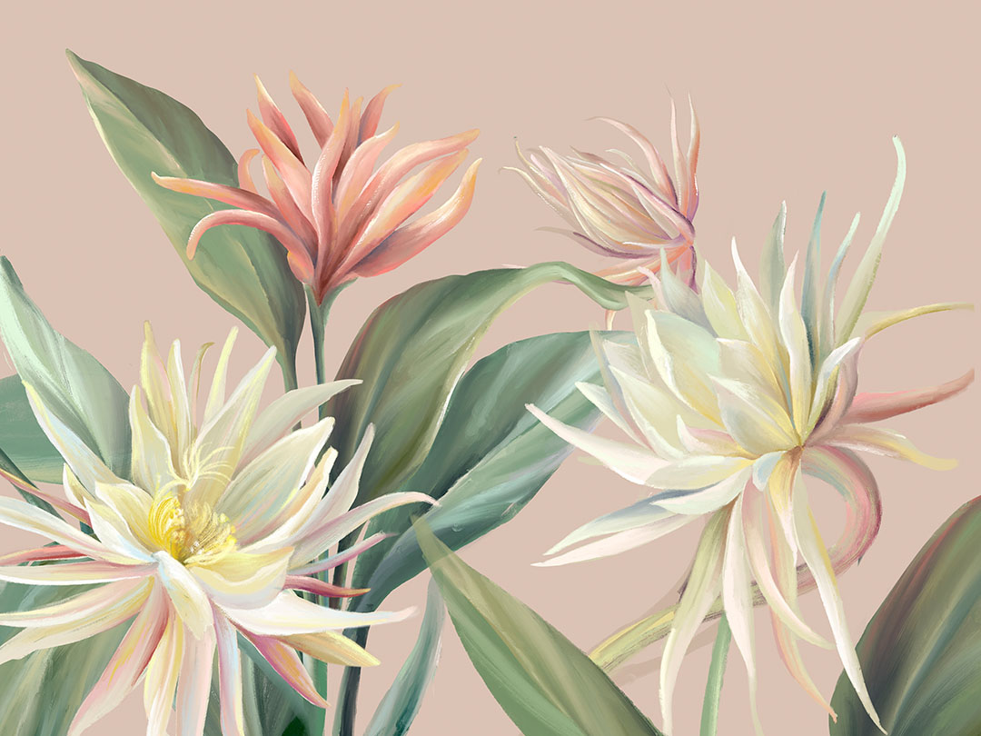 Carta da parati con delicati fiori tropicali e foglie su sfondo rosa