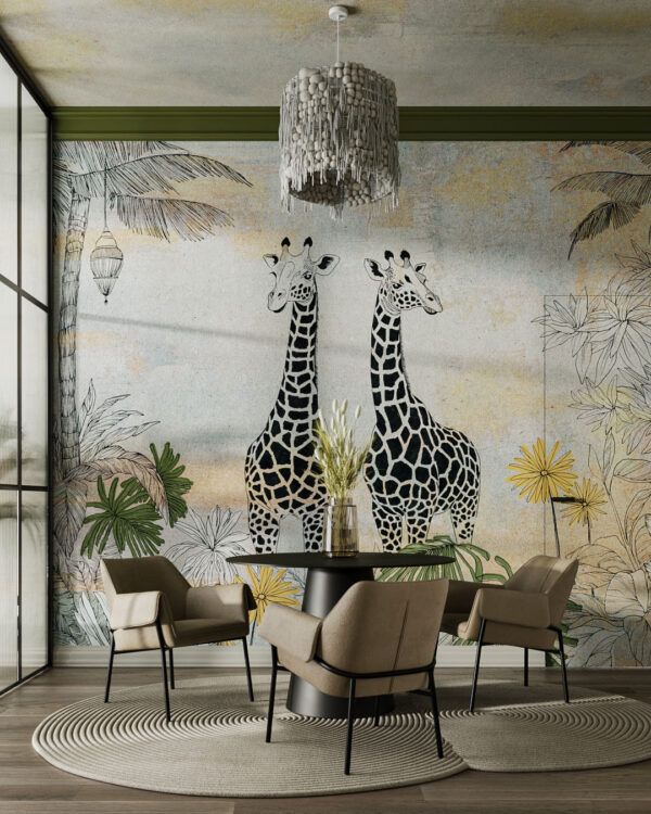 Grafica сarta da parati giraffe nella giungla per la sala da pranzo