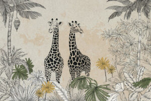 Grafica сarta da parati natura giraffe nella giungla sullo sfondo strutturato