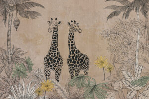 Grafica сarta da parati giraffe nella giungla sullo sfondo beige