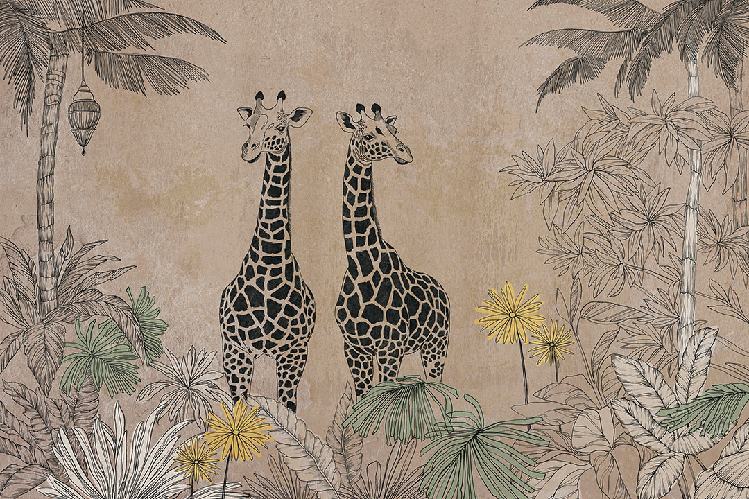 Grafica сarta da parati giraffe nella giungla sullo sfondo beige