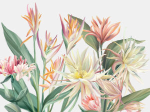Carta da parati con delicati fiori tropicali su sfondo bianco