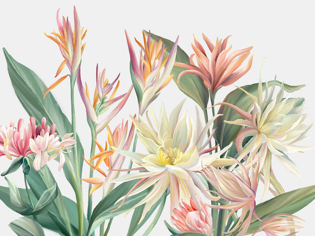 Carta da parati con delicati fiori tropicali su sfondo bianco